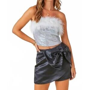 NEW DAY + MOON feather trim sequin top in silver/white